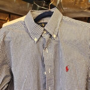 Ralph Lauren Men's Blue and White Checkered Shirt Size Small Button Down Collar